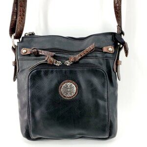 BUENO Women's Crossover Black & Brown Faux Leather Croc Strap Multi Pockets Bag